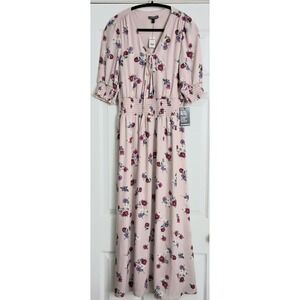 Express Dress Women's Size Small Petite Pink Floral Midi V-Neck Tie Garden Party